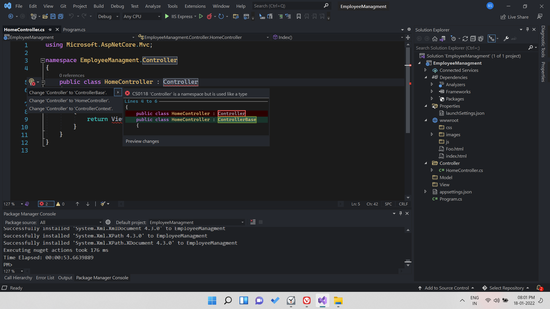 在 .Net 6 中,Controller 類沒有出現。相反,可以選擇將其變成 HomeController。這是更新嗎?