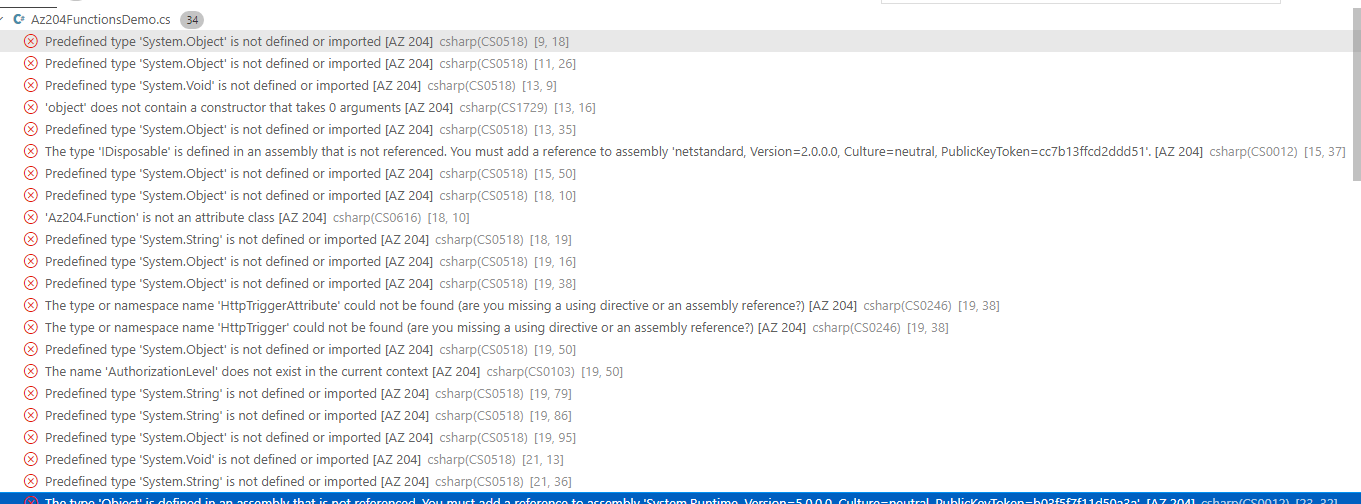 在 Visual Studio Code 上運行 .NET Core Azure 函式時出現問題。未定義或匯入預定義型別“System.Object”
