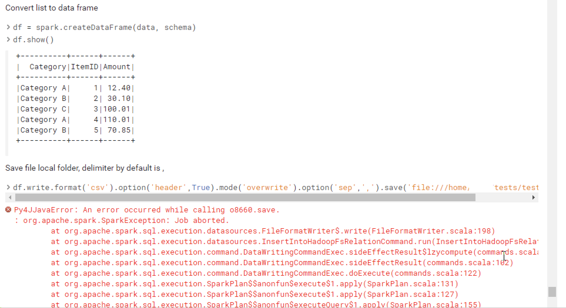 Py4JJavaError:嘗試在本地保存 csv 檔案時呼叫 o8660.save 時發生錯誤