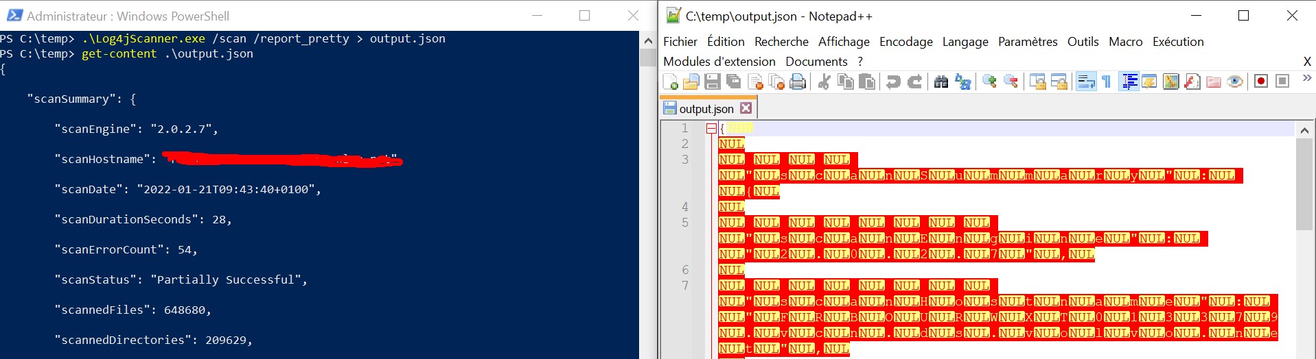 JSON 格式的 Powershell 問題（log4jscanner 和 utf16）