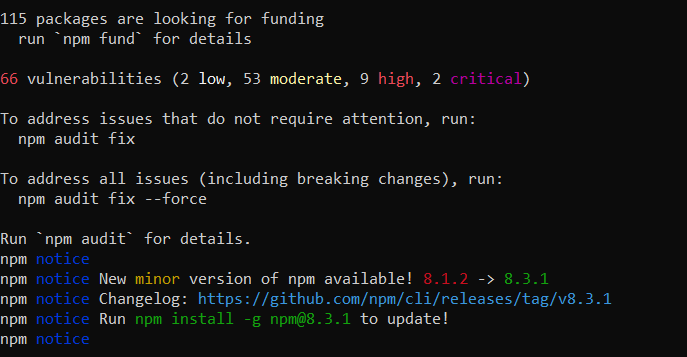 我嘗試執行“npm install -g expo-cli”，但遇到了一堆漏洞。在“npm audit fix”上，我收到了以下更多錯誤