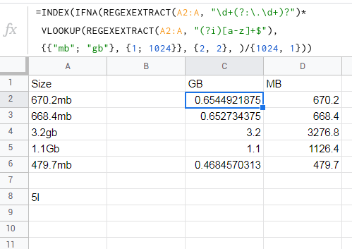 如何在 Google 表格中將 GB 和 MB 資料字串轉換為 GB（數字）？