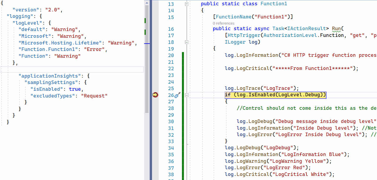 Azure 函式 iLogger isEnabled 未獲取 host.json