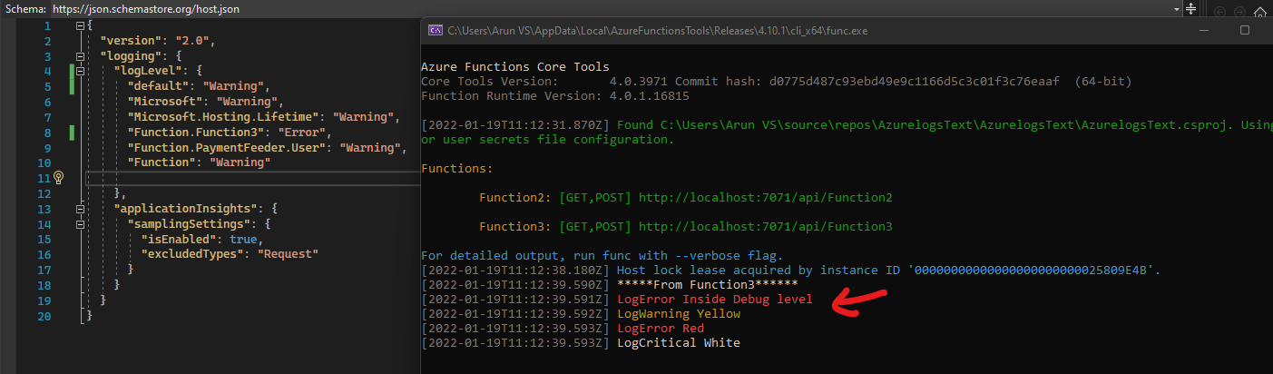 Azure 函式 iLogger isEnabled 未獲取 host.json