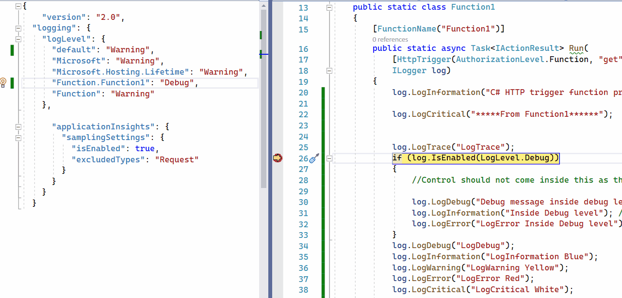 Azure 函式 iLogger isEnabled 未獲取 host.json