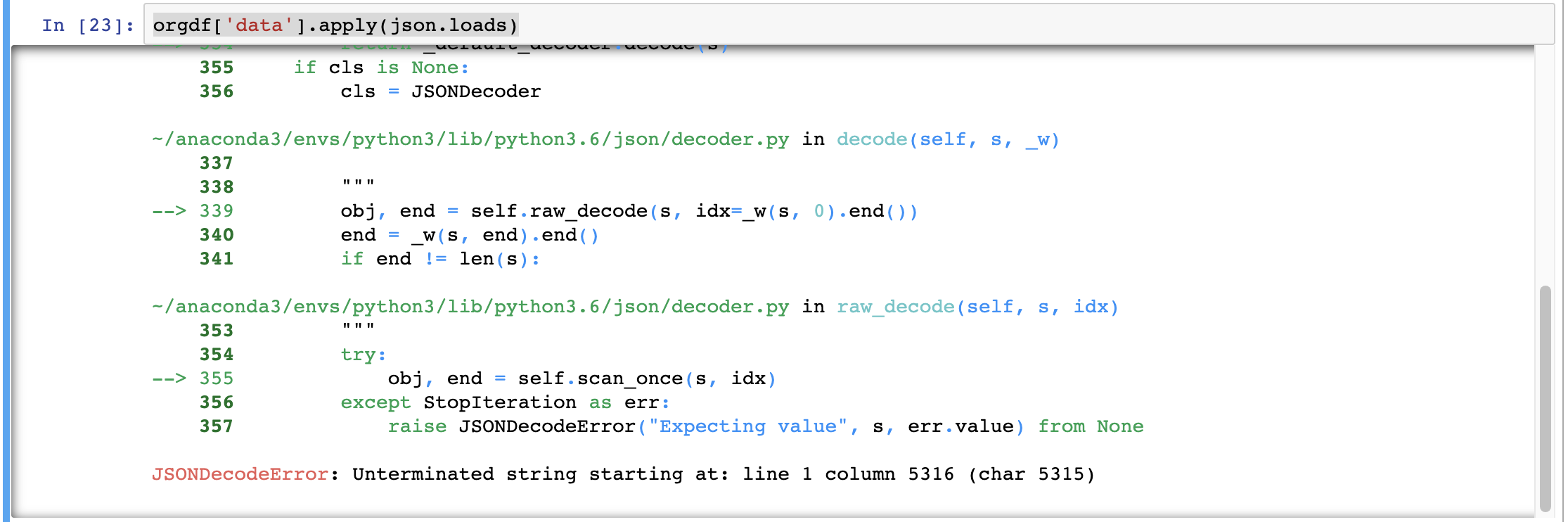 如何在 json.loads Panda Dataframe 期間轉換錯誤時列印索引（行號）