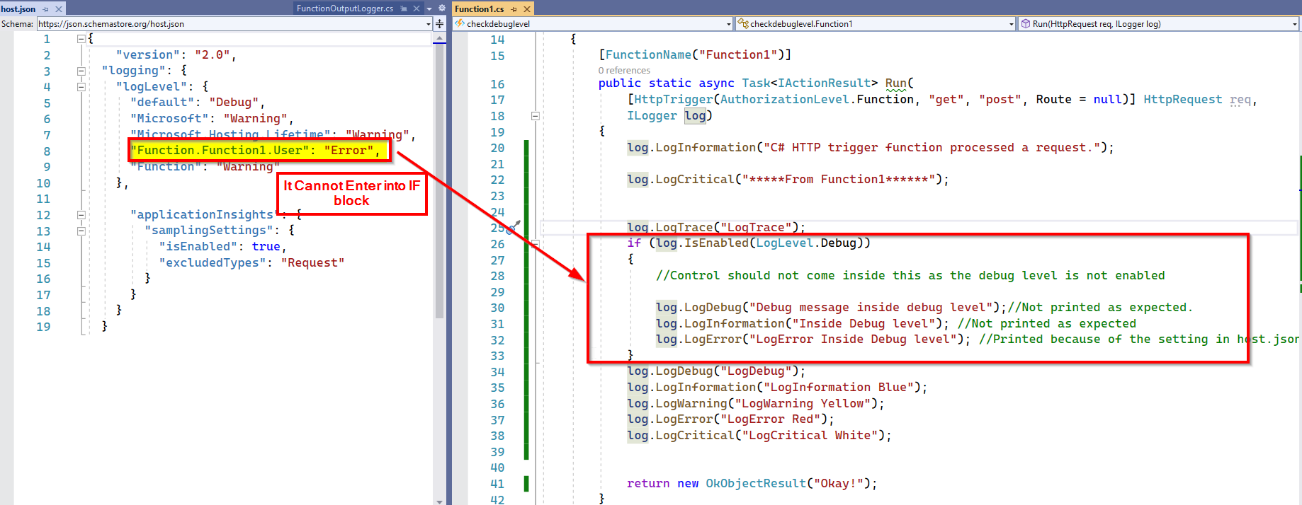 Azure 函式 iLogger isEnabled 未獲取 host.json