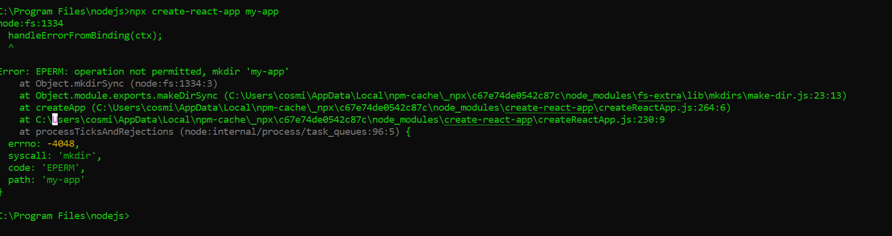 創建 React 應用程式 - 獲取 can't mkdir 錯誤