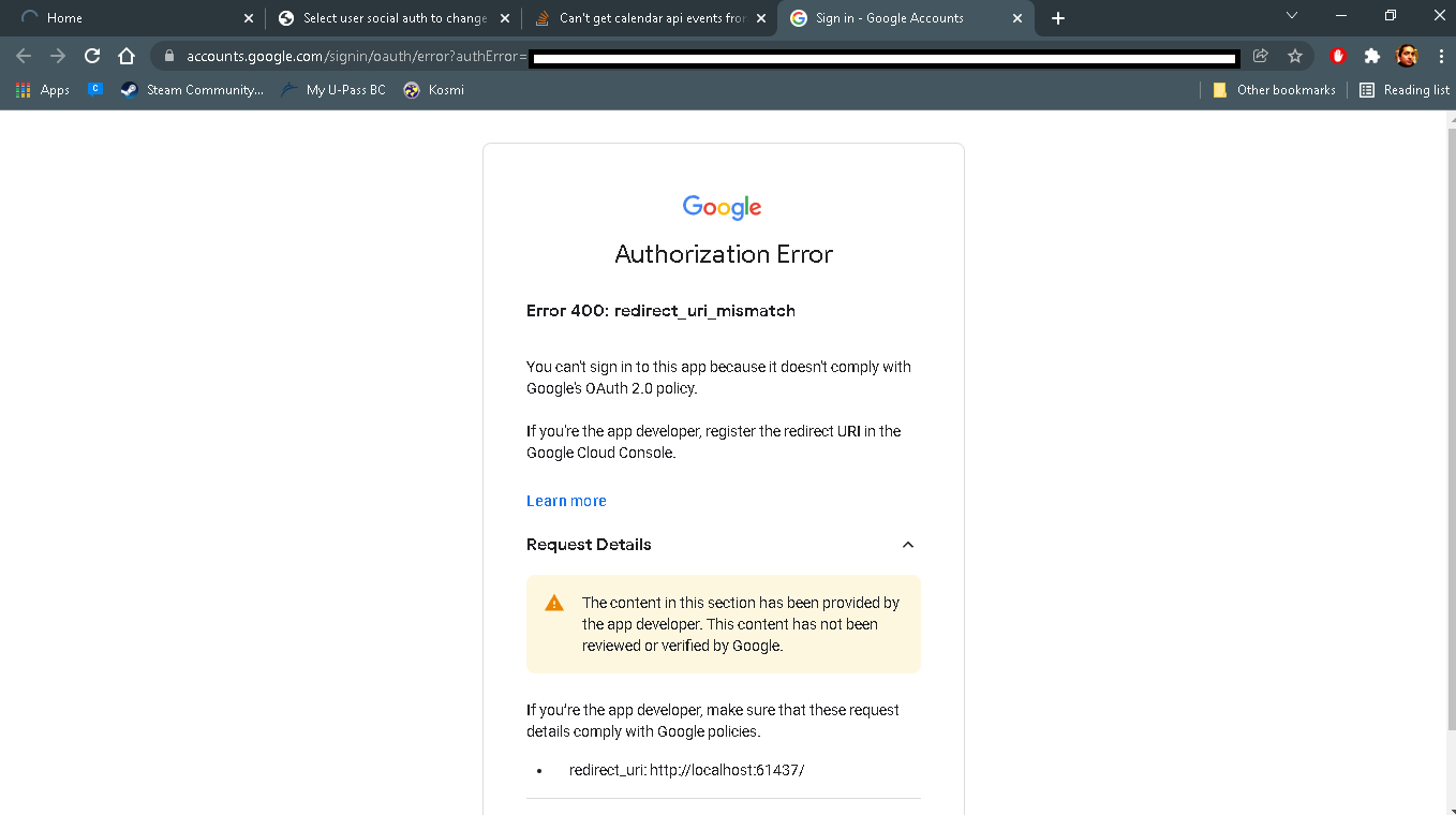 無法從用戶那里獲取日歷 API 事件