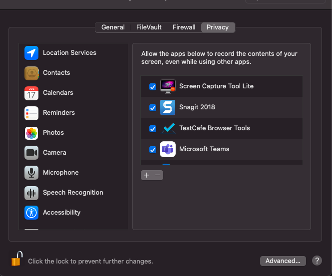 Testcafe 測驗未在 MacBook Big Sur 上執行,出現 UnableToAccessScreenRecordingAPIError: