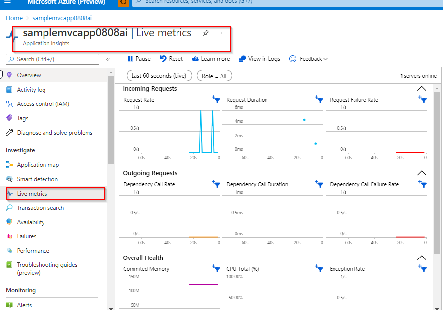 如何在 ASP.NET MVC 應用程式中跟蹤實時指標的依賴關系、例外和請求？