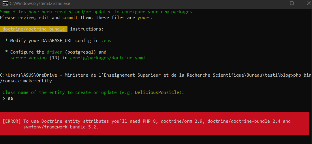 要使用 Doctrine 物體屬性，您需要 PHP 8、doctrine/orm 2.9、doctrine/doctrine-bundle 2.4 和 symfony/framework-bundle 5.2