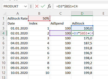 在 DAX 中計算 Adstock:如何添加上面單元格的值?