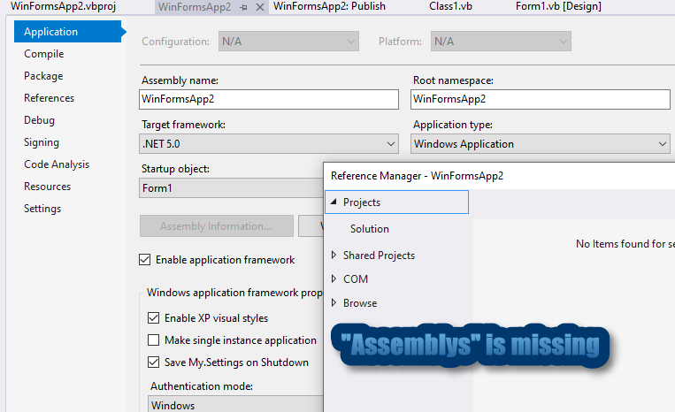 為什么 Reference Manager 中缺少“Assembliess”并且只顯示了 3 個目標框架？