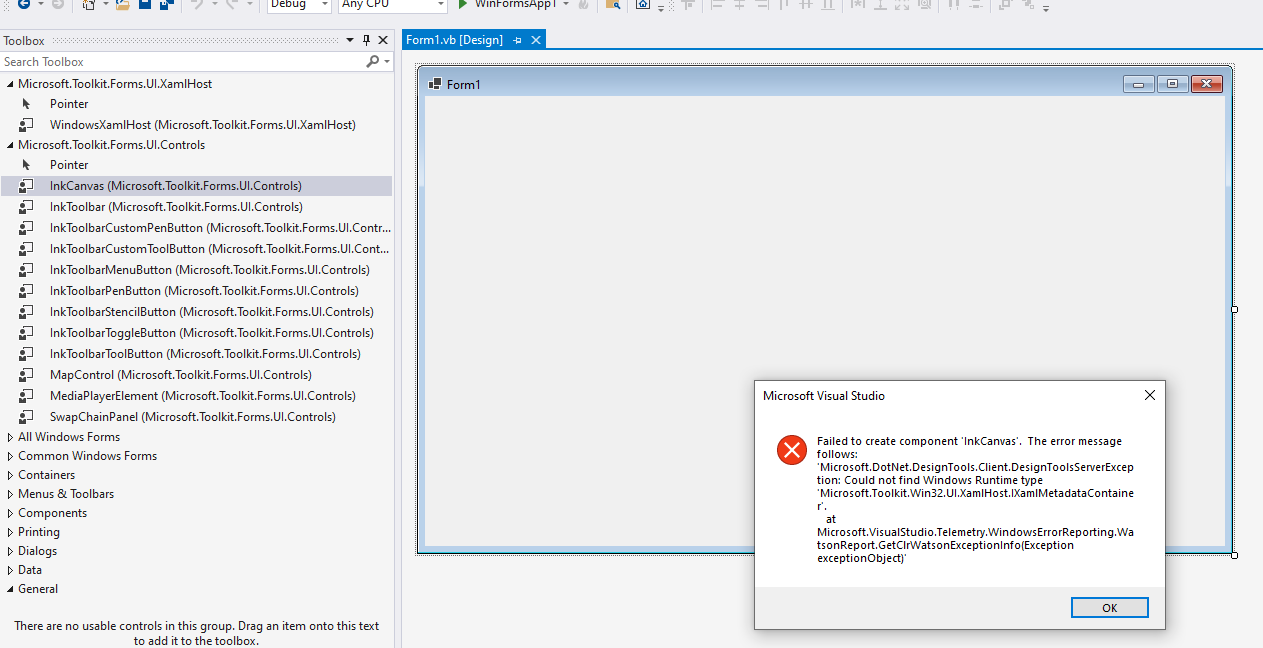 Microsoft.Toolkit.Forms.UI.Controls 找不到 Windows 運行時型別“Microsoft.Toolkit.Win32.UI.XamlHost.IXamlMetadataContainer”