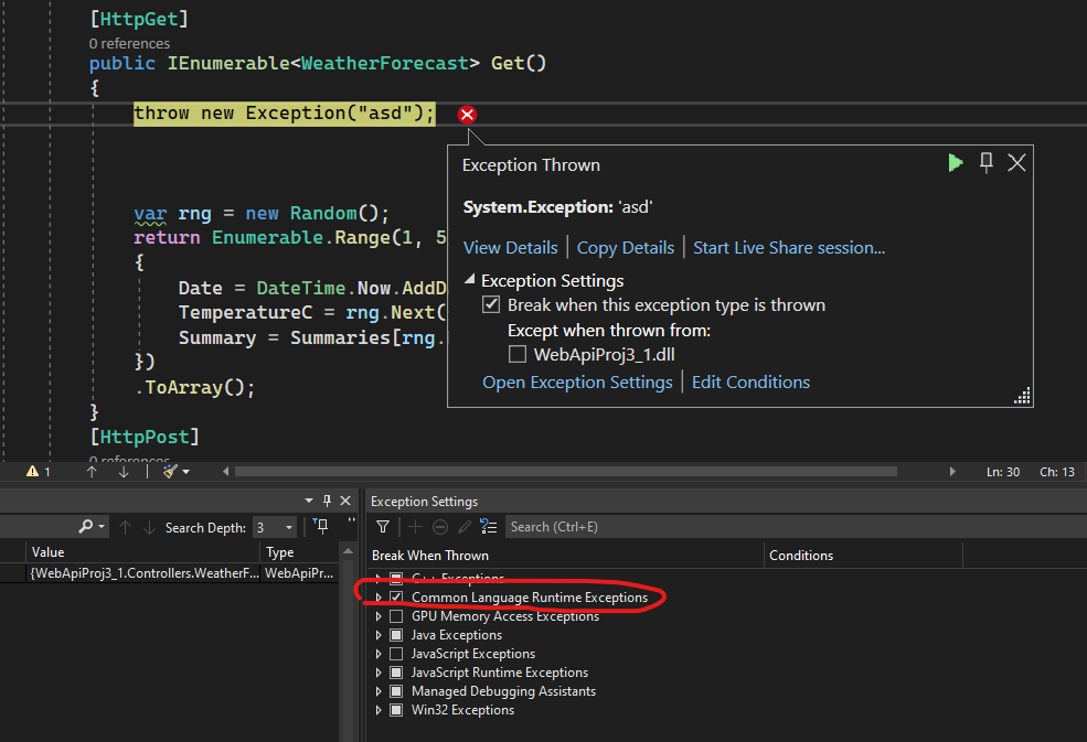 ASP.NET Core Web API - Visual Studio 中未立即顯示例外