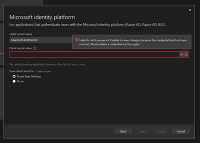 Visual Studio 發布到 Azure 時出現 Microsoft Identity Platform 錯誤