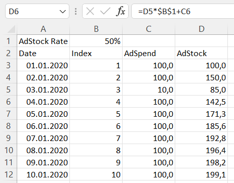 在 DAX 中計算 Adstock:如何添加上面單元格的值?