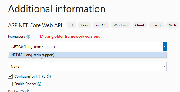 目標框架未在 Visual Studio 2022 中顯示較舊的 .Net 版本