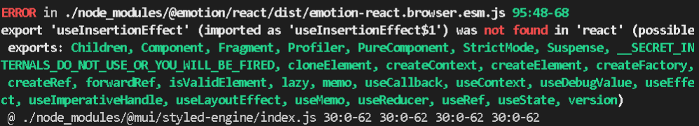 使用 Appbar 組件在“react”中找不到材料 ui 匯出“useInsertionEffect”（匯入為“useInsertionEffect$1”）