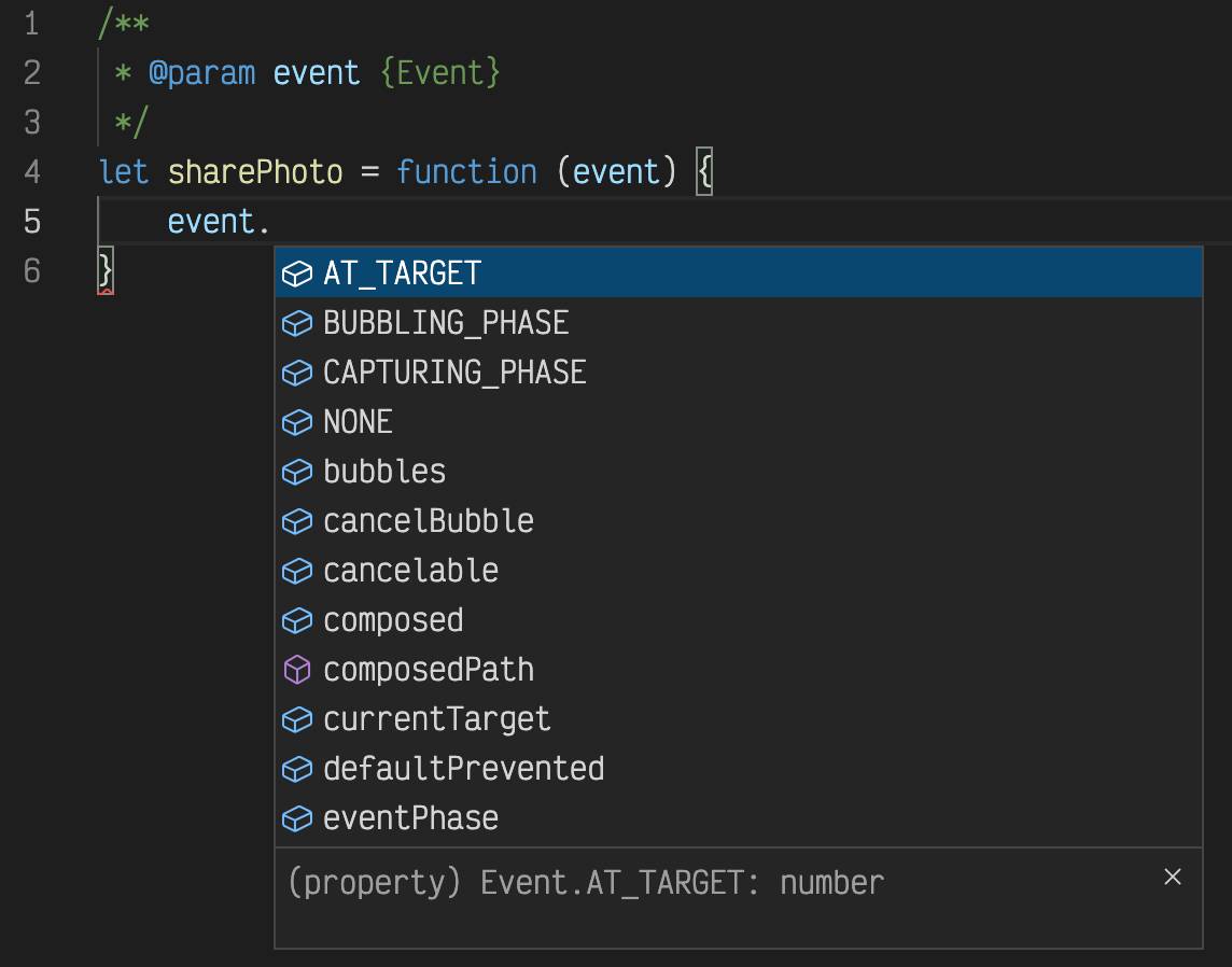 Visual Studio Code Javascript Intellisense 不適用于事件物件屬性
