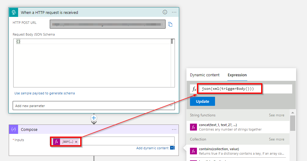 Azure 邏輯應用從單獨接收的 xml 創建 JSON 陣列
