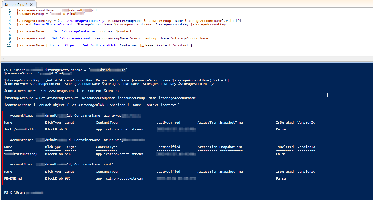 使用 powershell 在 Azure 中顯示來自多個存盤容器的所有 blob