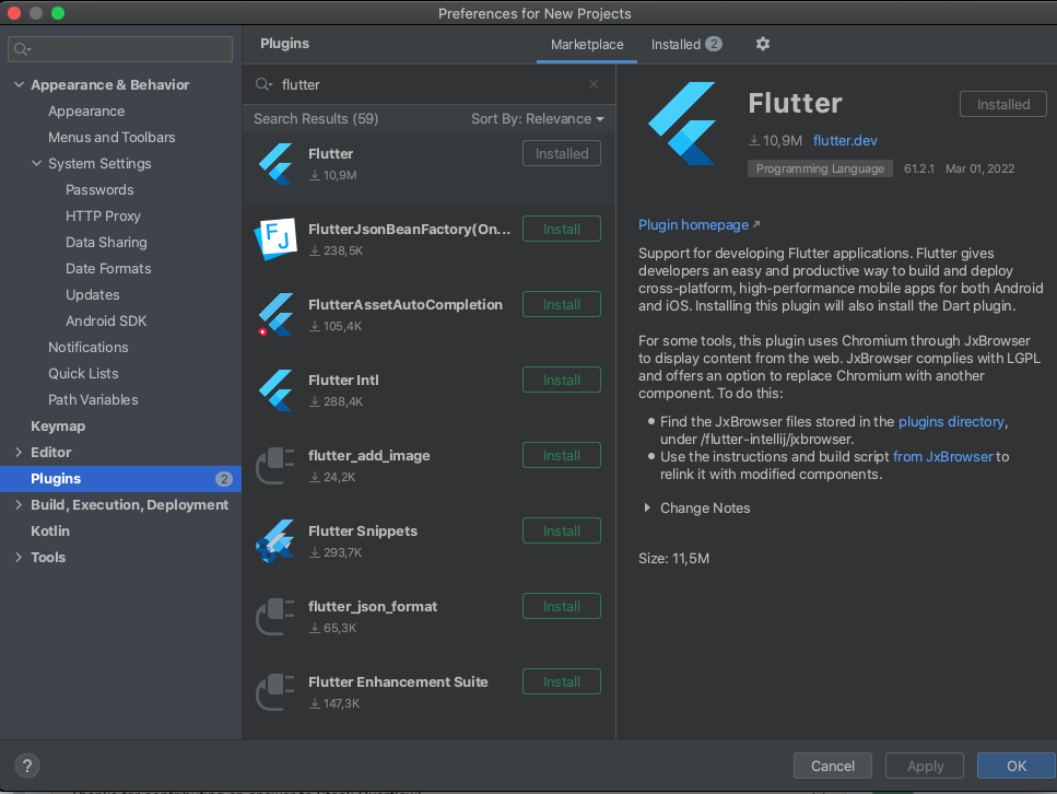 沒有在 Android Studio 上創建新 Flutter 專案的選項