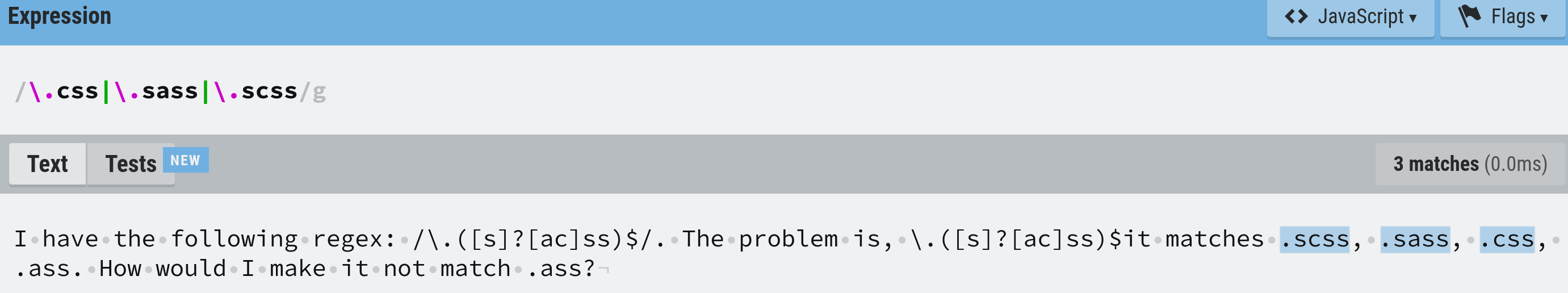 我如何匹配`.scss`、`.sass`、`.css`而不是`.ass`？(正則運算式)