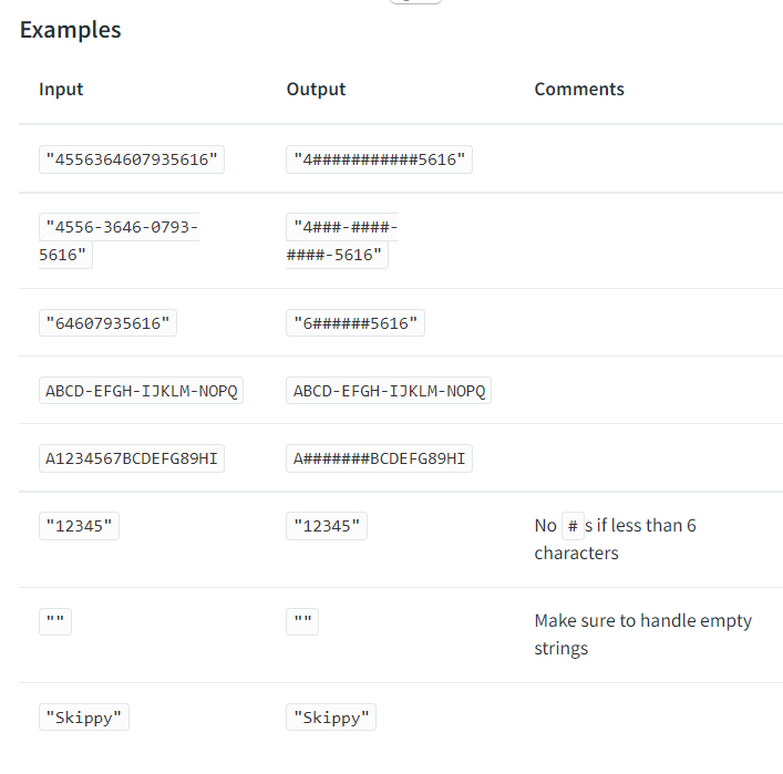 Javascript - 在線編碼評估以使用 # 掩蓋信用卡號碼