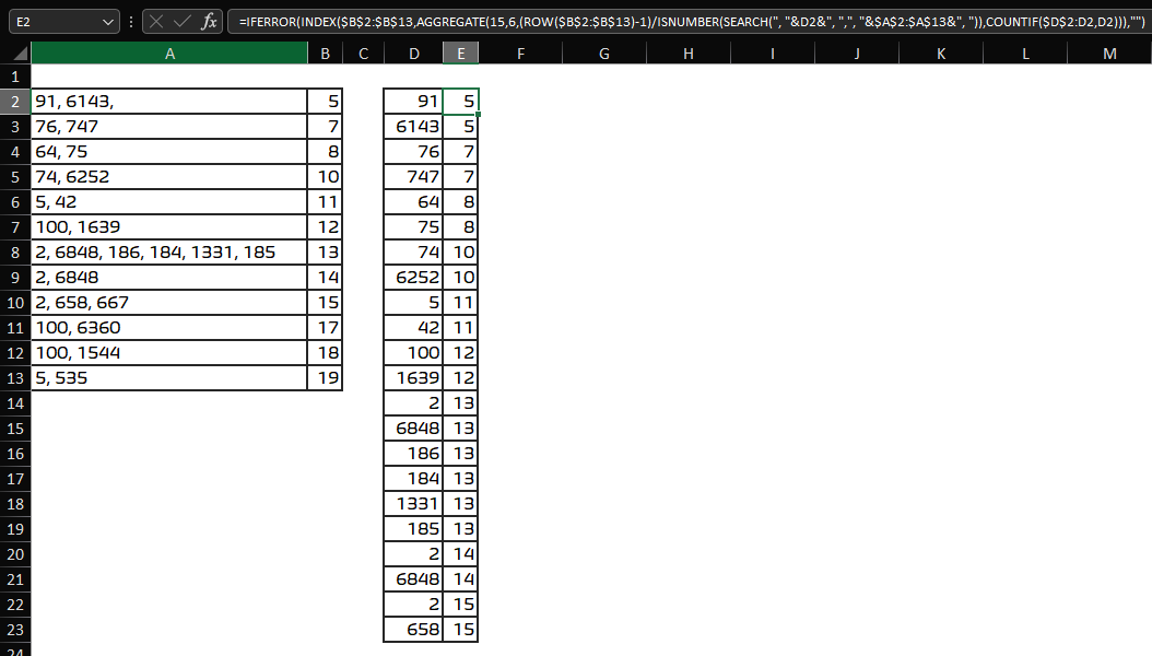Excel - 如何在逗號分隔范圍內查找多個值