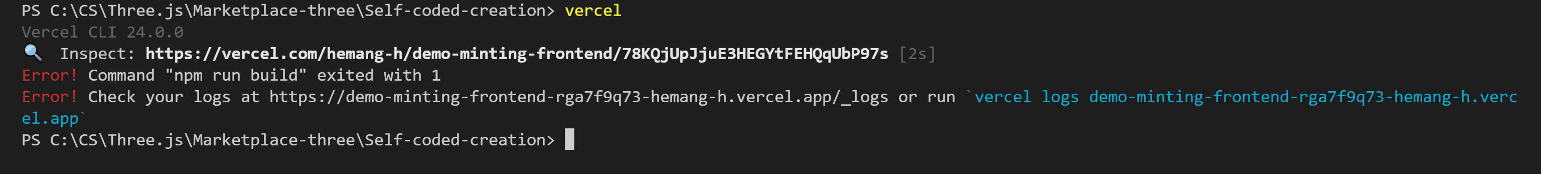 錯誤!命令“npm run build”以 1 退出,同時使用 vercel 命令部署網站