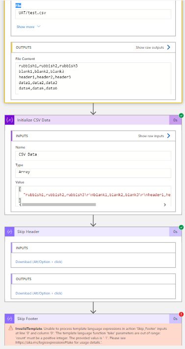 使用 Azure 邏輯應用跳過存盤在 SFTP 中的 CSV 中的第一行和最后 x 行