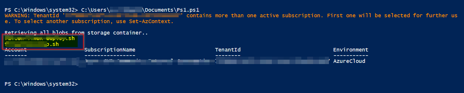 嘗試從 PowerShell 獲取 blob 串列時出現空白