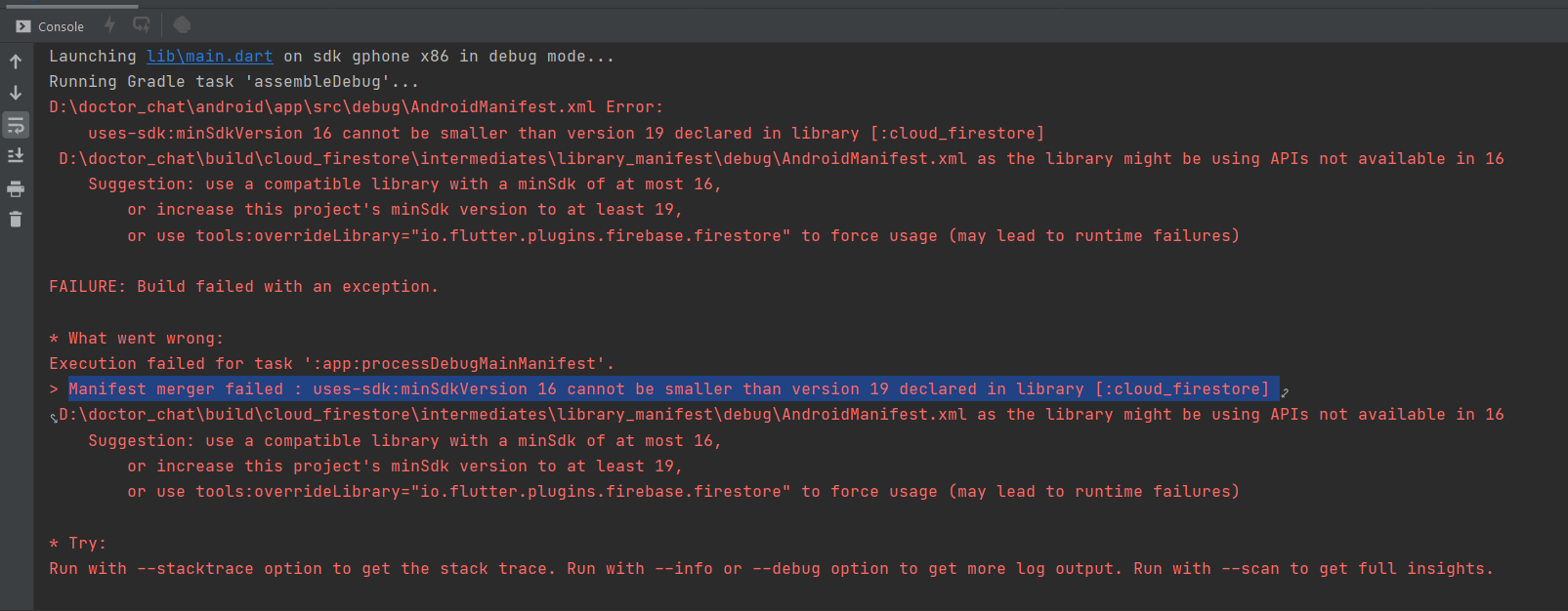 uses-sdk:minSdkVersion 16 不能小于庫 [:cloud_firestore] 中宣告的版本 19