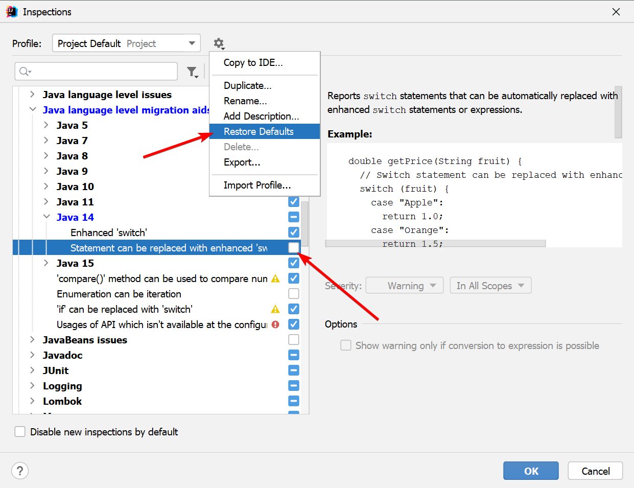 恢復禁用的 Intellij 意圖設定