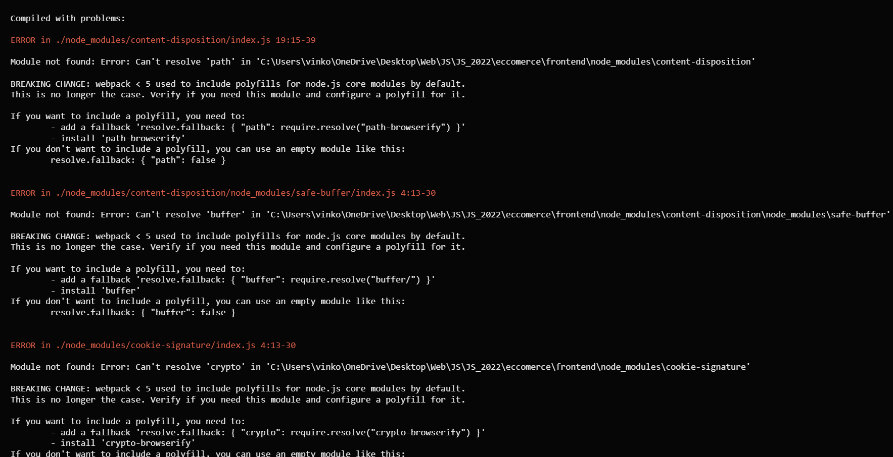 Node.js webpack5 錯誤,找不到模塊;重大變化:webpack < 5 用于包含 node.js 核心的 polyfill