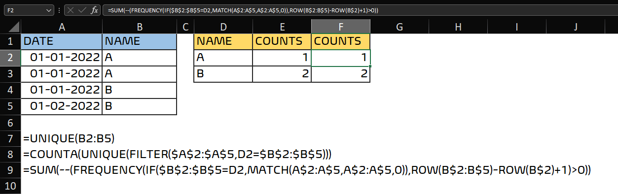 Excel 計數/唯一動態陣列