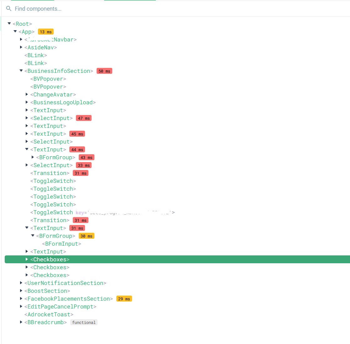 組件旁邊的 Vue 開發工具中的性能數字是多少?