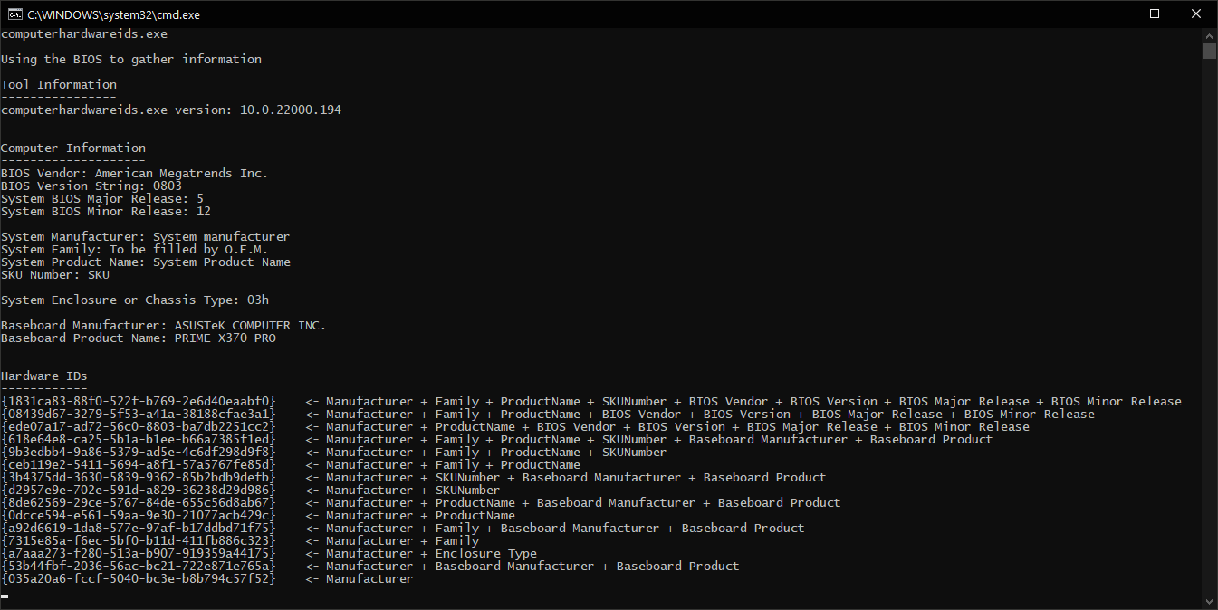 生成相同的計算機硬體 ID。(CHID),如 Windows SDK 中的 computerhardwareids.exe
