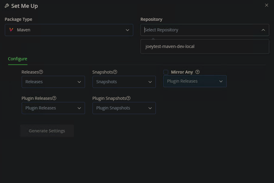 Maven repo 的 Artifactory“設定我”界面不允許我在沒有首先識別部署和虛擬 repos 的情況下生成 settings.xml