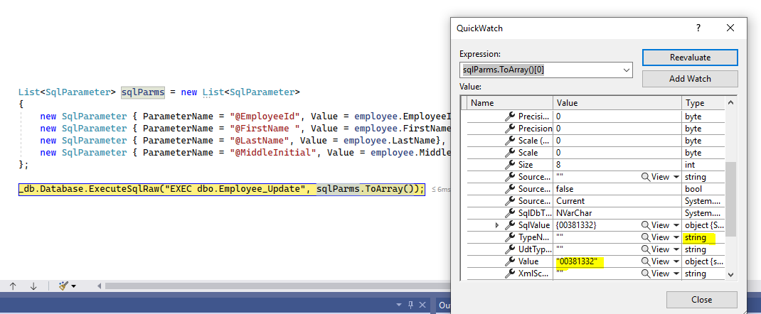帶有 SQL Server 存盤程序的 Entity Framework .Net 6 – 未提供引數