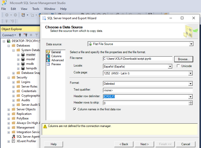 從 .ipynb 檔案匯入 SQL Server Management Studio 備份