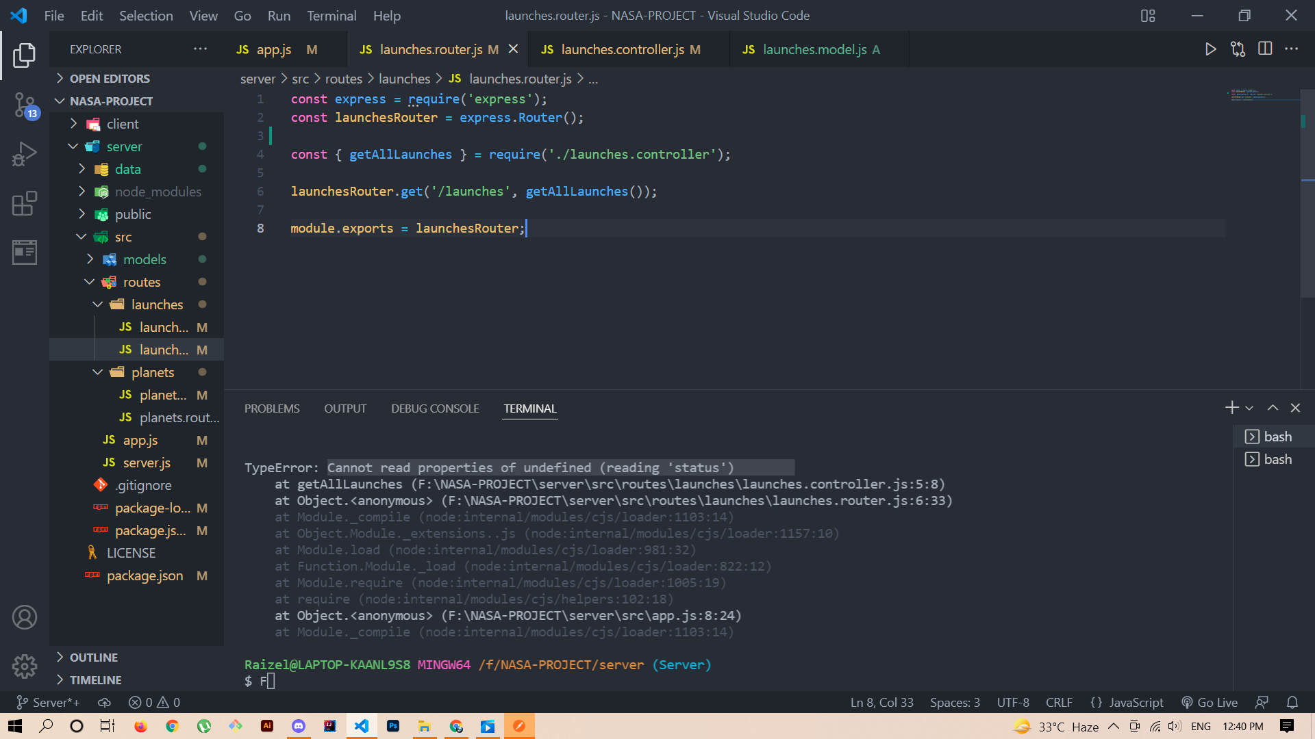 無法讀取未定義的“res.status()”的屬性,“res.send()”和“res.json()”的相同未定義錯誤。請任何人