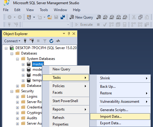 從 .ipynb 檔案匯入 SQL Server Management Studio 備份