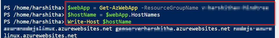 顯示來自 Azure Cloud Shell 的所有 Azure Web 應用自定義域的串列
