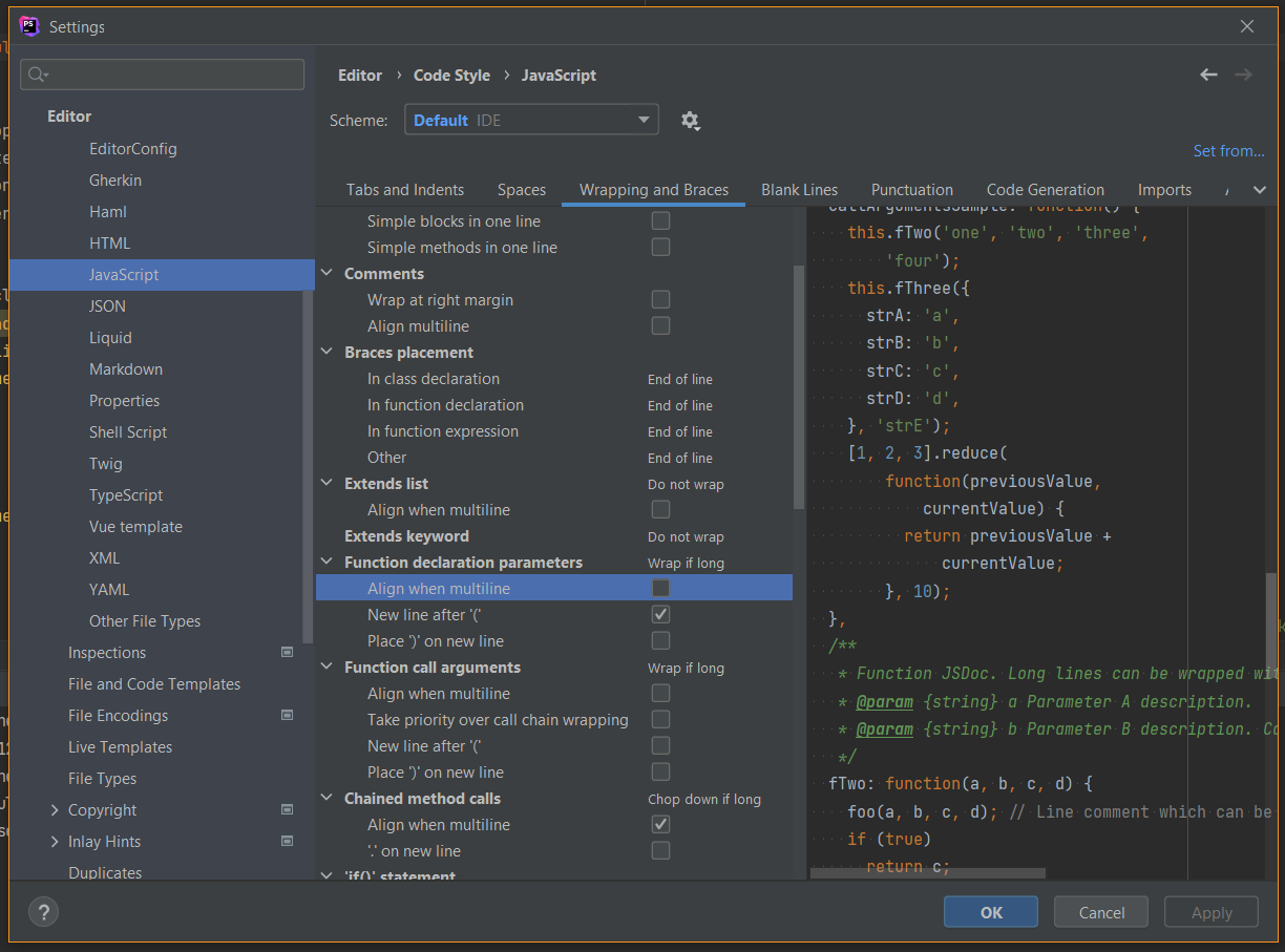 在 IDE JetBrains WebStorm 中正確格式化函式引數的解壓物件屬性