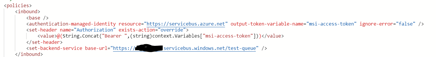 無法使用托管標識從 Azure API 向 Azure 服務總線佇列發布訊息
