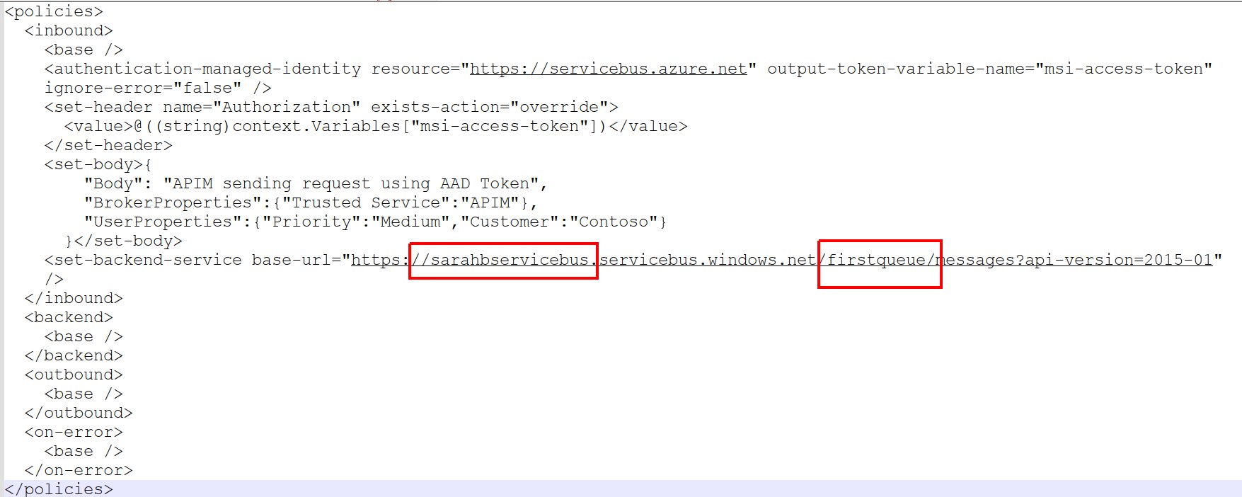 無法使用托管標識從 Azure API 向 Azure 服務總線佇列發布訊息