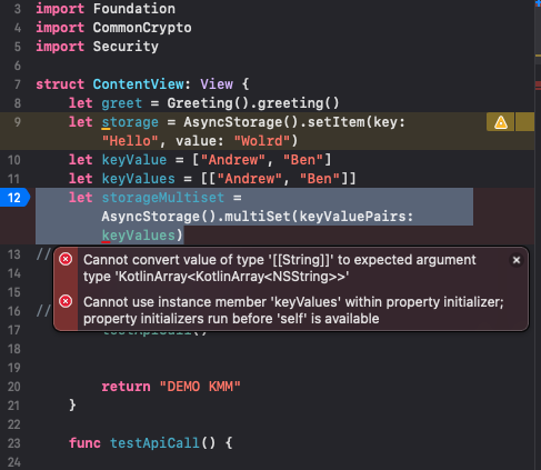 無法將型別“[[String]]”的值轉換為預期的引數型別“KotlinArray<KotlinArray<NSString>>”